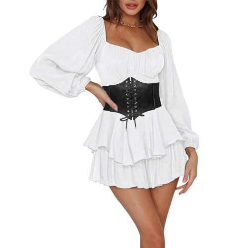 Piratenkostüm Damen Korsett Renaissance Viktorianische Off Shoulder Kleid Kurz Jumpsuit Piratinkleid Weiß A-Linie-Kleid Trägerloses, Knielange Patchwork-Kleid Strandkleid Party Karneval Kostüm Piratin