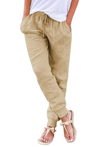 Hose Damen Sommer Casual Baumwolle Leinen Stoffhose Einfarbig Freizeithose Stretch Leicht Leinenhose Straight Leg Hose und Taschen (Z Khaki, M)