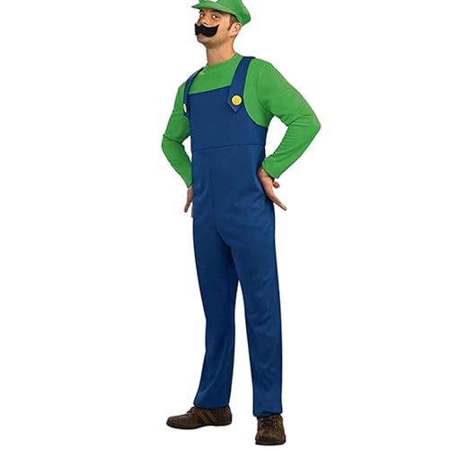 VISVIC Cosplay Kostüm Super Brothers Klempner, Kostüm mit Bodysuit, Cap und Schnurrbart, Karneval Halloween Cosplay Kostüm für Herren Damen Junge Mädchen Kinder, Herren Grün, L