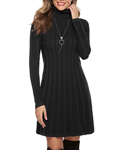 Gyabnw Damen Strickkleid Rollkragen Winterkleid Elegante A-Linie Knielanges Kleid Pulloverkleid Zopfmuster Minikleid Strickpullover für Party Cocktail Freizeit, Schwarz-Rollkragen, L