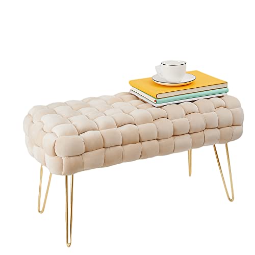 Zedelmaier Moderner Velvet SitzBank, Quadratisch Ottoman-Fußhockermit goldfarbenen Metallbeinen, Gepolsterte SitzBank,Strick Samt Bank (Beige, 70x38x41.5cm)