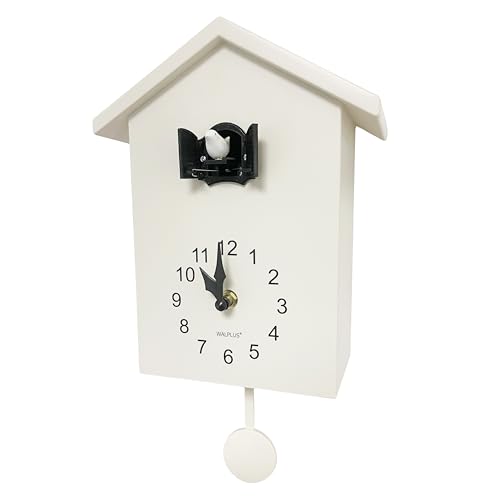 WALPLUS Weiße Moderne Kuckucksuhr Vogelgesang Pendeluhr Moderne Sound Control Kuckucksuhren Batteriebetrieben Pendel Cuckoo Clock für Zuhause Wohnzimmer Büro Deko