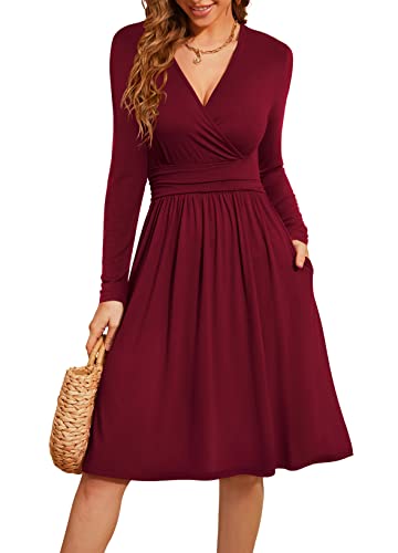 Actcat V-Ausschnitt Pullover Kleid Langarm Casual Kleider Herbst Kleid Floral Party Kleid mit Taschen herbstkleid Damen Winterkleider Damen Festliche Kleider für Damen weihnachtskleid,Rotwein,XXL