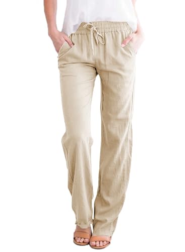 Leinenhose Damen Hose Sommer Musselin Hosen Stoffhose Einfarbig Freizeithose Gerade Geschnitten Hose Sommerhose und Taschen (Khaki, L)