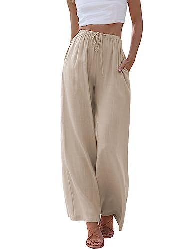 Imuedaen Damen Hosen Sommer Leinen Leicht Casual Locker Leinenhose Freizeithose Palazzo Hose Weite Leg Hose Sommerhose Hohe Taille mit Tunnelzug und Taschen (Khaki, M)