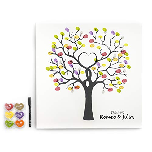 codiarts. Leinwand für Fingerabdrücke DIY Hochzeit, Jubiläum, Familienfeier, Party, Geburtstag als Gästebuch inkl. Stempelkissen und Stift - Motiv Baum wedding tree- 50x50cm, made in Germany