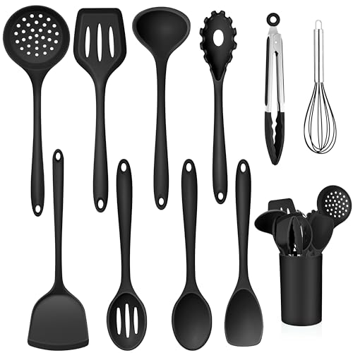 TEAMFAR Küchenhelfer Set, 11 Stück Silikon Schwarz Küchenset Küchenutensilien mit Utensilienhalter, Antihaft Hitzebeständiger Kochbesteck Kochutensilien Set für Kochen, Gesund, Leicht zu Reinigen