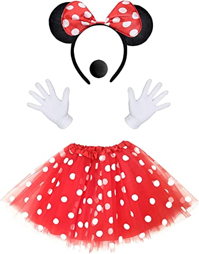 iZoeL Damen Maus Mouse Kostüm Rot Tutu mit weiß Gepunktet + Haarreifen mit Maus Ohren + Handschuhe + Nase für Fasching Karneval Motto Cosplay Party