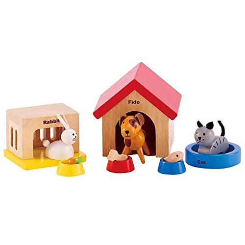 Hape Haustiere für die ganze Familie aus Holz für Puppenhäuser von Hape | Ergänzung mit den fröhlichen Tierfreunden Hund, Katze, Kaninchen und Zubehör