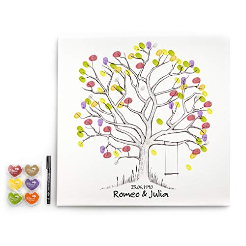 codiarts. Leinwand für Fingerabdrücke DIY Hochzeit, Jubiläum, Familienfeier, Party, Geburtstag als Gästebuch inkl. Stempelkissen und Stift - Motiv Baum mit Schaukel - 50x50cm, Weddingtree