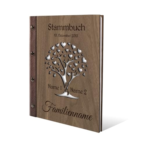 Personalisiertes Stammbuch Hochzeit aus echtem Holz mit Leder Rücken A5 oder A4 inkl. vorgedruckten Seiten - Herzbaum