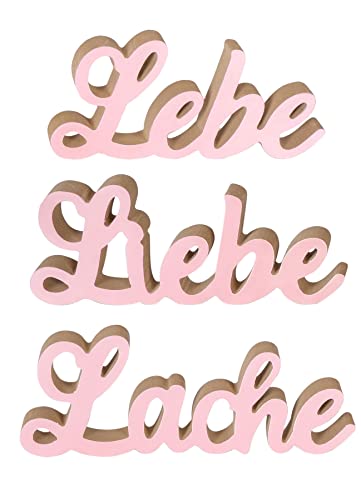 levandeo 3er Set Schriftzug Lebe Liebe Lache Pastell Rosa Holz Tischdeko Deko Aufsteller Buchstaben Wohndeko