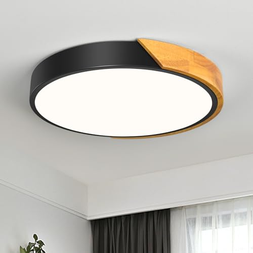 Qamra LED Deckenleuchte, Deckenlampe 30cm, Schwarz Deckenleuchte, Moderne Lampe Holz für Wohnzimmer Schlafzimmer Küche Esszimmer Flur 4000K