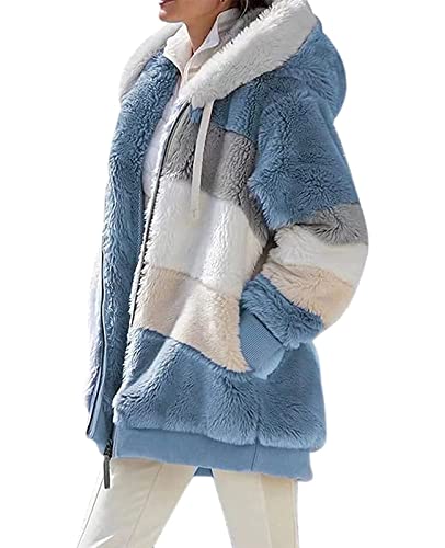 ABINGOO Damen Mantel Kapuzenjacke Winterjacke Mode Warm Hoodie Pullover Jacken Reißverschluss Plüschjacke Fleecejacke Oberteile(Blau,L).