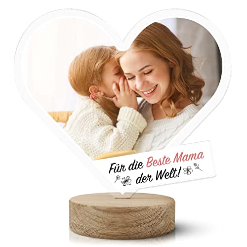 GRAVURZEILE Personalisiertes Acrylherz mit deinem Foto für die Beste Mama der Welt - Holzsockel - Geschenk für Mama zum Geburtstag oder Muttertag - Muttertagsgeschenk