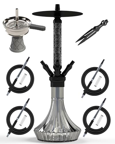 NOBLE HOOKAH Shisha Set 4 Anschlüsse Medium Shisha aus Aluminium und Lederrohr, Shisha 4 Schläuche und Griffe mit Shisha Kopf, Glasschale, schwarz