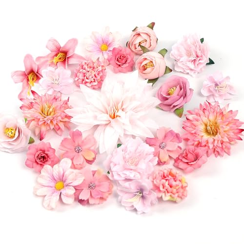 LARDUX 24 Stücke Kunstblumen Köpfe,künstliche blumenköpfe klein Blüten Künstlich blütenköpfe groß Seidenblumen Köpfe Mix für DIY Basteln Scrapbooking Hochzeit Party Home Handwerk Deko-Rosa