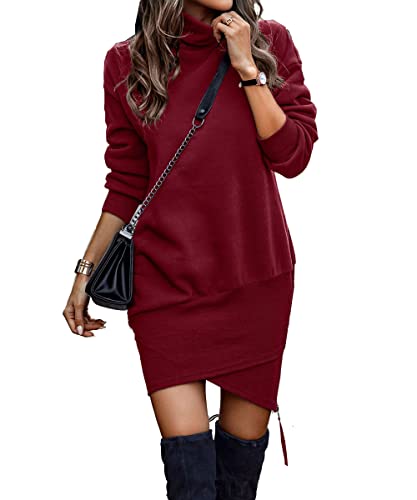 ABYOVRT Damen Kapuzenpullover Kleider Lang Rollkragen Warm Pulloverkleid Plüsch Sweatkleid Langarm Sweatshirt Freizeitkleid Herbst Winter,Weinrot,XL