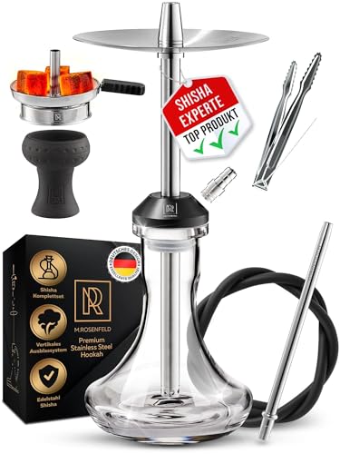 M. ROSENFELD Edelstahl Shisha Set Komplett - SSS Reise Shisha Köpfe und Shisha Zubehör incl. 150cm Shisha Schlauch mit Mundstück + Shisha Kaminkopf