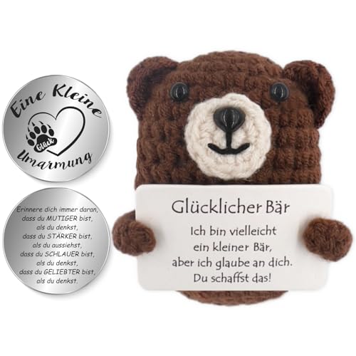 Tixlux Pocket Hug Glücklicher Bär, Kreative Strickwolle Bär Puppe und Kleine Umarmung Glücksbringer (Grau), Mutmacher Geschenk, Gute Besserung Geschenk, Einschulung Geschenk