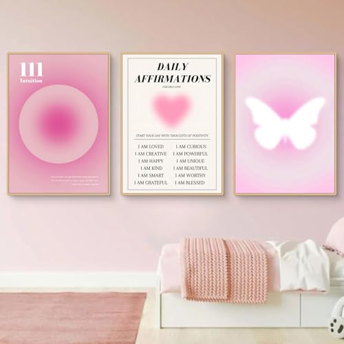 Viusneun 3er Set Rosa Farbverlauf Aura Nummer Wandbilder, Ästhetische Rosa Schmetterling Inspirierende Zitate Leinwand Bilder für Schlafsaal Teen Mädchen Zimmer Deko (21x30cm)