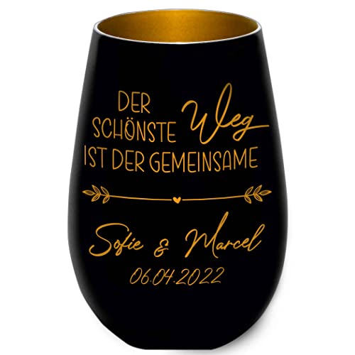 Hochzeitsgeschenk - Windlicht - Der schönste Weg ist der gemeinsame - Schwarz/Gold - personalisierbar - Gravur Namen und Datum - Liebe - Valentinstag - Jahrestag