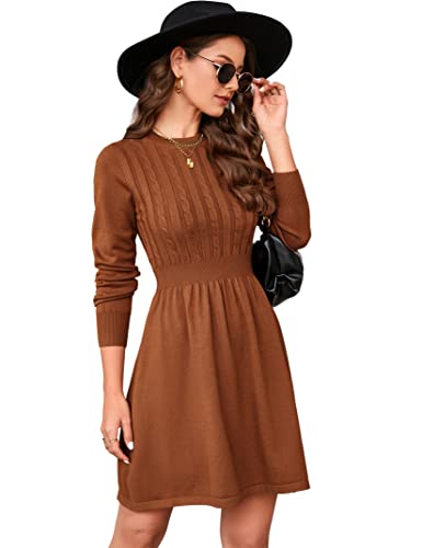 KOJOOIN Damen Strickkleid Pulloverkleid Zopfmuster Langarm Tunika Kleid Strickpullover Minikleid Rundhals Pullikleid Elegant A Linien Freizeitkleid (Verpackung MEHRWEG), A-Braun, M