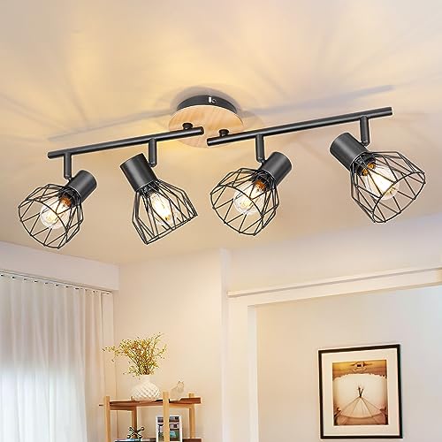 Kimjo LED Deckenstrahler 4 Flammig - LED Deckenleuchte E14 4 Flammig Schwarz Deckenlampe Holz - Schlafzimmer Deckenleuchte Küche Lampe Decke Wohnzimmerlampe - Spotleuchte Nein Leuchtmittel