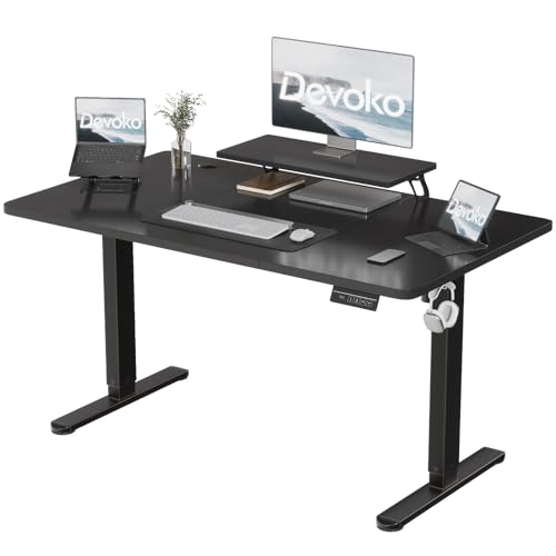 Devoko 160×70cm Elektrisch höhenverstellbarer Schreibtisch, mit Monitorständer, Computer-Schreibtisch, mit 2 Höhen-Speicherfunktionen, für Schlafzimmer, Arbeitszimmer, Büro