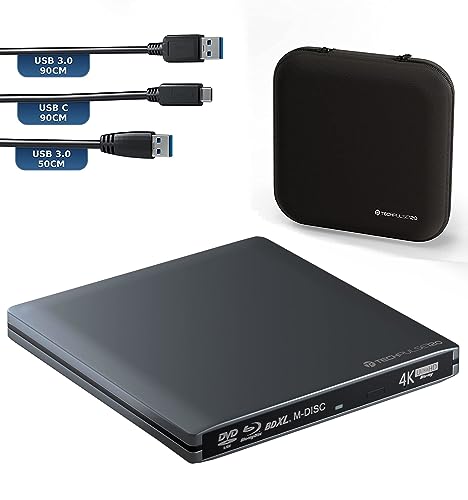 techPulse120 Externes UltraHD UHD 4k 3D M-DISC BDXL HDR10 100GB USB 3.0 & USB-C Laufwerk Bluray Brenner Burner Superdrive UltraSlim BD DVD CD Ultra Paket Tasche 90cm Anschlusskabel Aluminium Grau