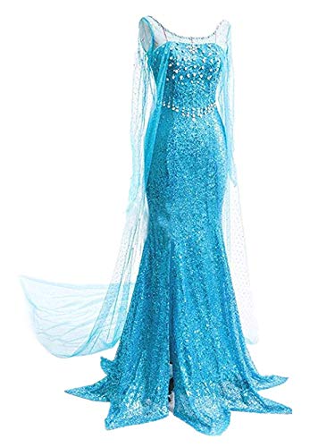 YOSICIL Damen Prinzessin ELSA Kleid Frauen Eiskönigin Kostüm Kleid Weihnachtsfeier Cosplay Halloween Karneval Fasching Party Verkleidung Festlich Kleid S-2XL, Blau, 2XL