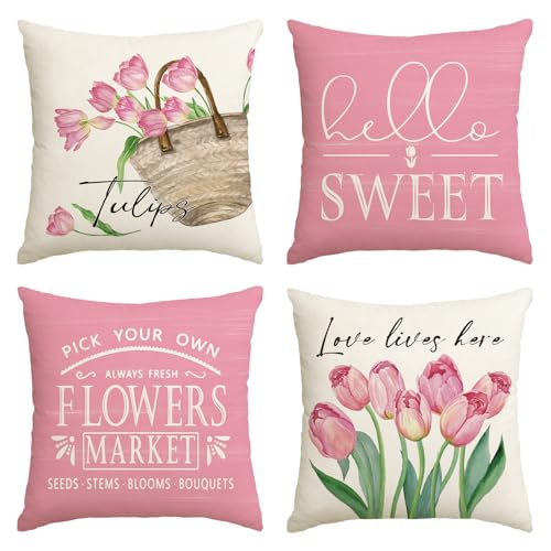 Artoid Mode Tulpen Tulips Korb Hello Sweet Frühling Kissenbezüge 4er Set, 45x45 cm Sommer Frühling Zierkissenbezug Couch Wohnzimmer Deko