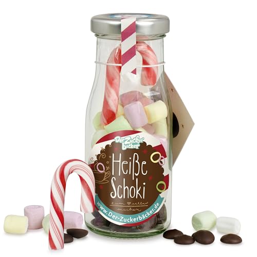 DIY heisse Schoki zum Selbermachen, süße Trinkschokolade im Glas mit 45 gr Schokodrops, Mini-Marshmallows und einer Zuckerstange, warmer Kakao