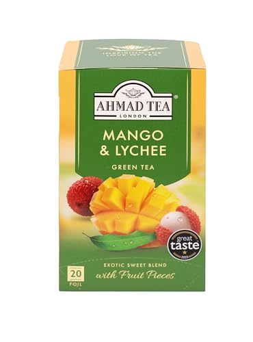 Ahmad Tea - Mango & Lychee - Grüner Tee mit Mango und Litschi - Mit Fruchtstücken - Einzeln Verpackte, Aromaversiegelte Teebeutel mit 2g Tee pro Portion - 20 Teebeutel mit Band