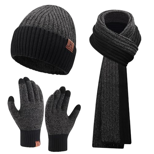 Herren Winter Warm Beanie Mütze Lange Schal und Touchscreen Handschuhe Set mit Fleece Gefüttert Wintermütze Strickmütze Rutschfeste Winterhandschuhe Schals Geschenk für Männer, Schwarz Grau