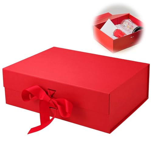 Geschenkbox mit Schleife, Magnetische Geschenkkarton mit Deckel, Wiederverwendbare Geschenk Verpackungsbox, für Geburtstag, Weihnachten, Valentinstag (Rot)