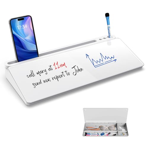 Schreibtisch Desk Organizer Whiteboard - Für kurze Notizen & Erinnerungen, Aus weißem Glas mit Schublade und Zubehörfach, Kompakter Schreibtisch Organizer White Board (Pad/Handy nicht enthalten)