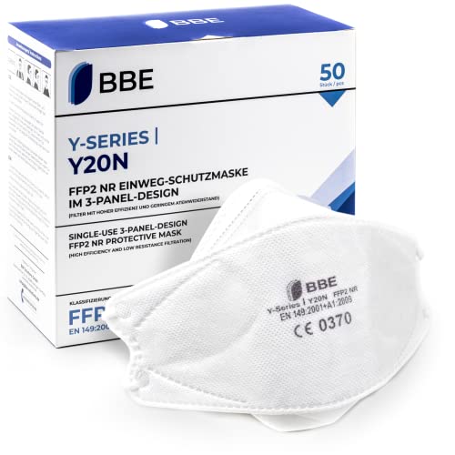 BBE Solutions 50 Stück FFP2 Maske 3-Panel-Design Y-Serie Y20N ohne Ventil mit Maskenclip