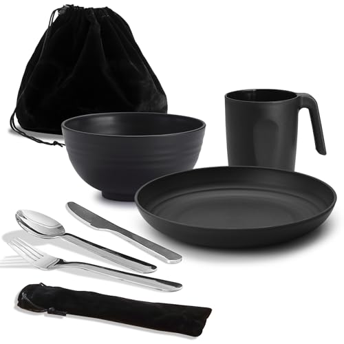 Camping Utensilien, Reanea amping Mess Kit für Reisen, Camping, Picknick, Outdoor, Camping Gear Include Messer, Löffel, Gabel Besteck Set, Tasse, Schüssel, Teller, Camping Essentials für 1