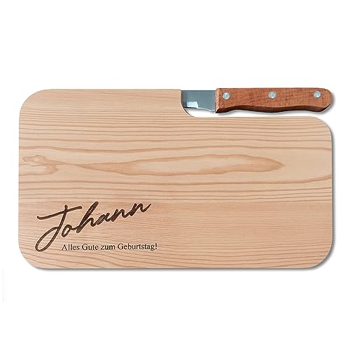 LOOXIS Personalisiertes Frühstücksbrettchen mit Messer, Wunsch-Name + Text graviert – Geschenk-Idee Geburtstag, Vatertag, Muttertag, Frauen und Männer – Erlen-Holz, Vesperbrett, 26x15cm