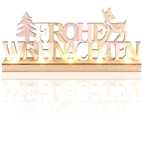 com-four® LED Deko Aufsteller aus Holz - beleuchteter Schriftzug auf Holzsockel - Deko-Schriftzug zum Hinstellen für Weihnachten - Stimmungslicht mit Timer (Rentiere - rosa)