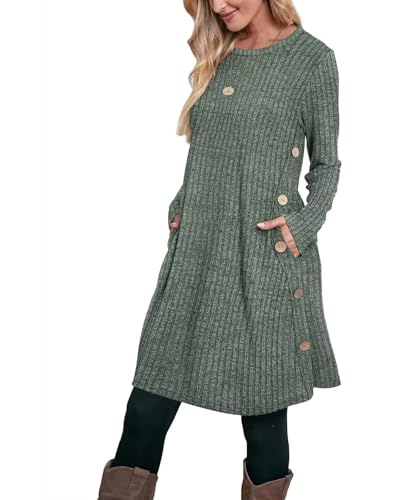 Aokosor Pulloverkleid Damen Langarm Kleider Strickkleid für Damen Winterkleid Tunika Kleid Jumper Kleid mit Knöpfen und Taschen Streifen Grün XL