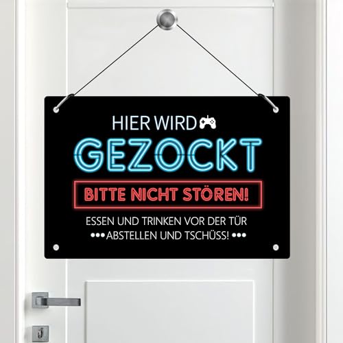 Hier Wird Gezockt Metallschild -Zocker Gaming Zimmer Deko Schild - Zocker Zubehör - Coole Sachen für Teenager Jungs - Geschenk Weihnachtsgeschenke Geburtstagsgeschenk für Jugendliche Jungs Zocker