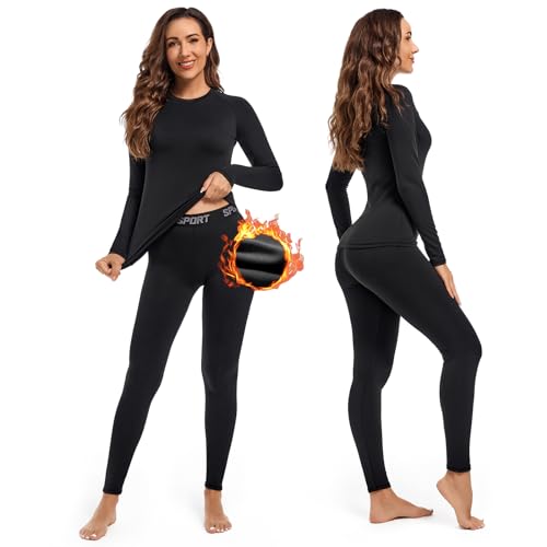 Leeboom Thermounterwäsche Damen Atmungsaktiv Funktionsunterwäsche Damen Warm und Flexibel Skiunterwäsche Damen Set mit Innenfleece für zu Hause und Wintersport (Schwarz, XL)