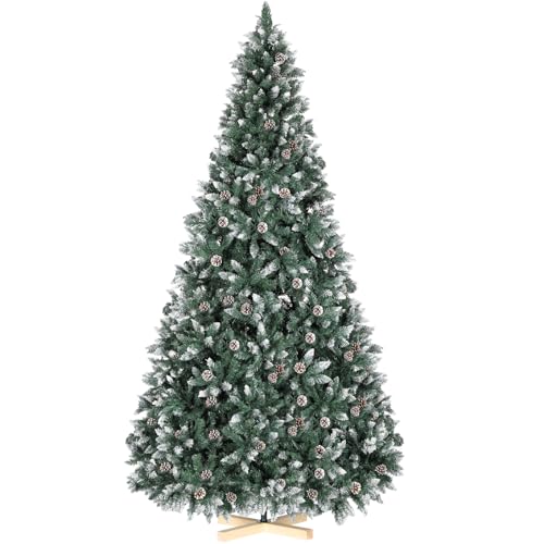 Künstlicher Weihnachtsbaum 210cm mit Schnee-Effekt, Nordmanntanne Premium, Tannenbaum Künstlich mit Schnee & 39 Tannenzapfen & 1584 Spitzen, Schnellaufbau Klappsystem, inkl. Christbaum Holzständer