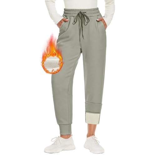 CAMPSNAIL Warme Jogginghose Damen Gefütterte mit 2 Taschen Kordelzug Winter Fleece High Waist Lange Sportleggins Trainingshose Freizeithose Sweathose Salbeigrün,M