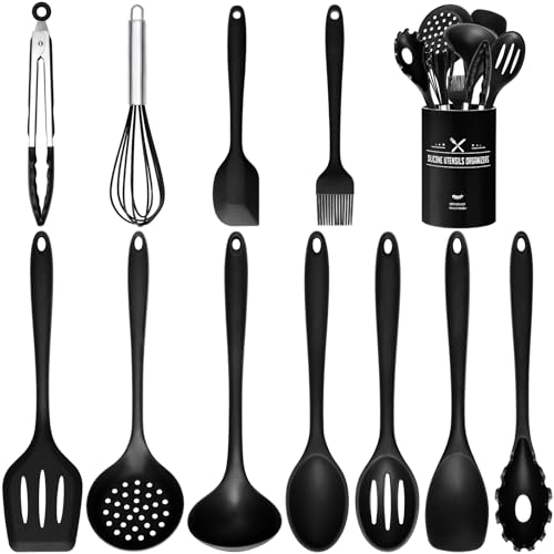 Küchenhelfer Set, 12 Stück Schwarz Silikon Kochutensilien Kochbesteck Set mit Utensilienhalter, Hitzebeständig Kochgeschirr Küchenhelfer Set, Antihaft & Spülmaschinenfest