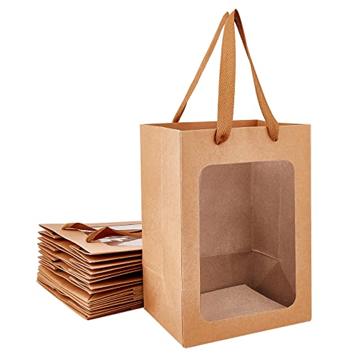 BENECREAT 10 Packungen Brown Kraftpapier Geschenktüten mit Fenster 25x18x13cm Papier Einkaufstaschen Einzelhandelstaschen für Partybevorzugung, Blumensträhne, Lebensmittellagerung und mehr