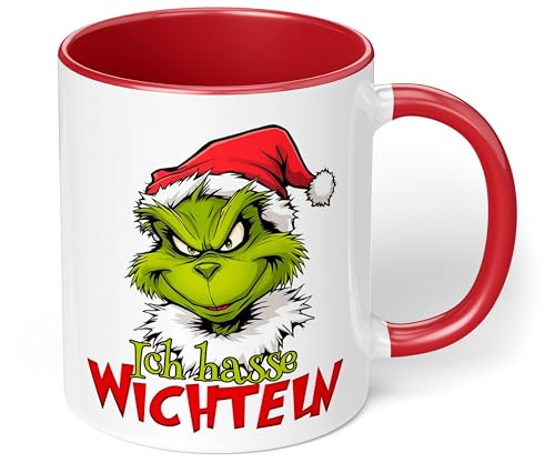 Lustige Kaffeetasse „Ich hasse Wichteln“ – witzige Grinch Figur Geschenkidee für Weihnachten - lustige Tasse - Keramik, ca. 330ml, Rot