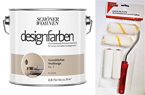 Schöner Wohnen designfarben feinmatte Wandfarbe für innen 2,5 Liter mit go/on Rollen-Set 5-tlg (Nr 7 Gemütliches Wollbeige)